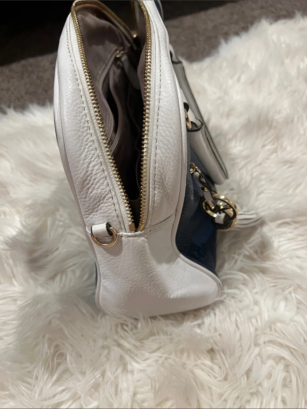 Michael Kors Navy and White Dome Satchel with Tassel Charm